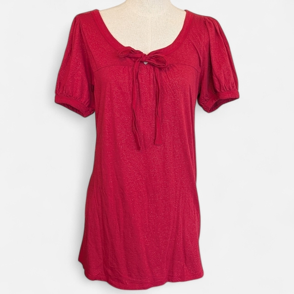 FANG Tops - FANG Red Short Sleeve Metallic Tunic with Tie Neck Short Puff Sleeves BOHO Vamp